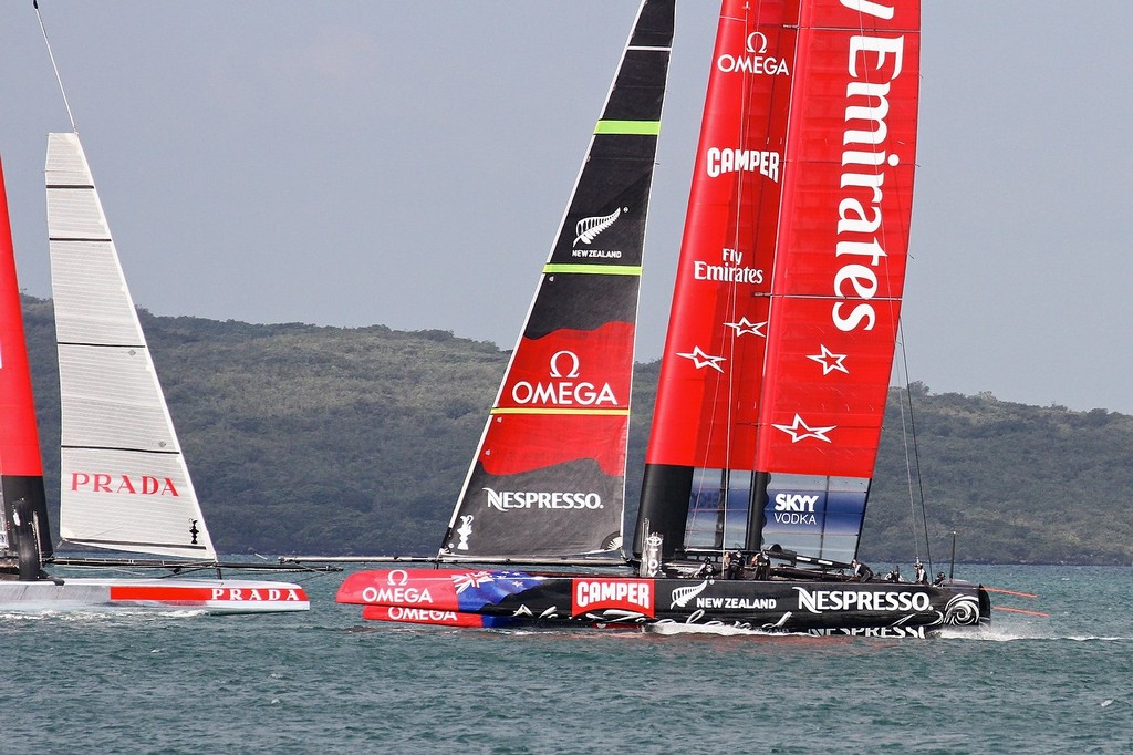 Luna Rossa and Emirates Team NZ just before the prestart - AC72 Race Practice - Takapuna March 8, 2013 © Richard Gladwell www.photosport.co.nz